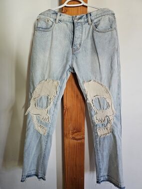 MNML Light Blue Slim Straight Jeans with Skull Knee Appliqués